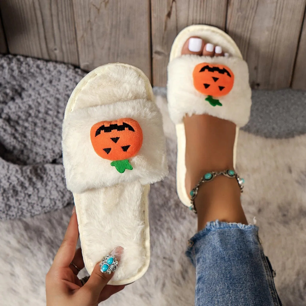 Pumpkin plush slippers indoor home slippers open toe design anti-slip PVC sole synthetic fur warm winter bedroom slippers for women available in white and yellow colour multi-size cartoon Halloween cute