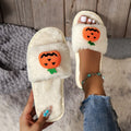 Pumpkin plush slippers indoor home slippers open toe design anti-slip PVC sole synthetic fur warm winter bedroom slippers for women available in white and yellow colour multi-size cartoon Halloween cute