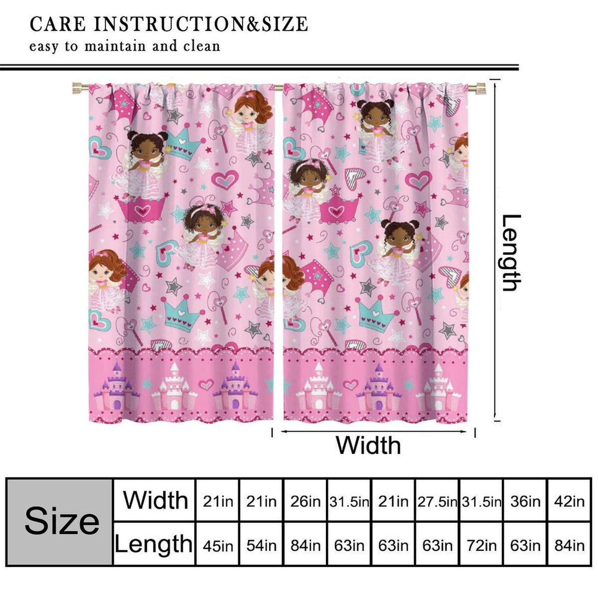 AAVEUP Kids Black Girls Curtains,Cartoon Pink Fantasy Magic Princess Castle Star Love African American Black Girl Window Treatments Drapes for Girls Living Room Bedroom 42x45inпј€No Blackoutпј‰