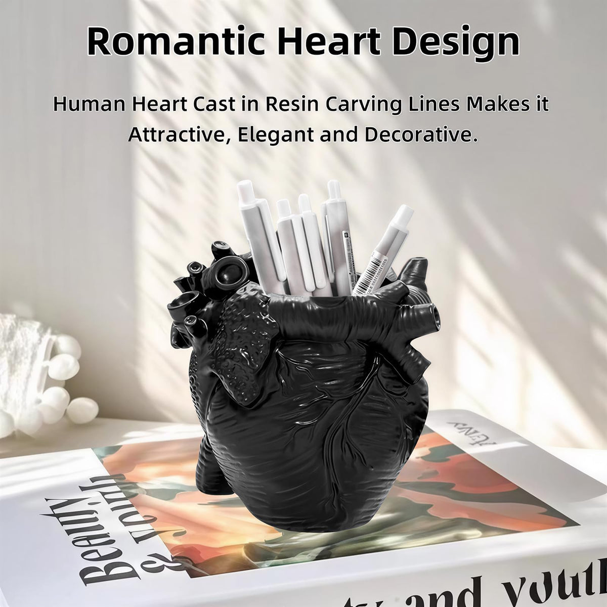 DAECHAO Heart-shaped Pen Holder for Desk Accessories Halloween Decor and Office Decor, Pencil Holder for Desk Organizers, Compact Desk Accessories Gift, Pencil Cup for School, Office, Home (Black)