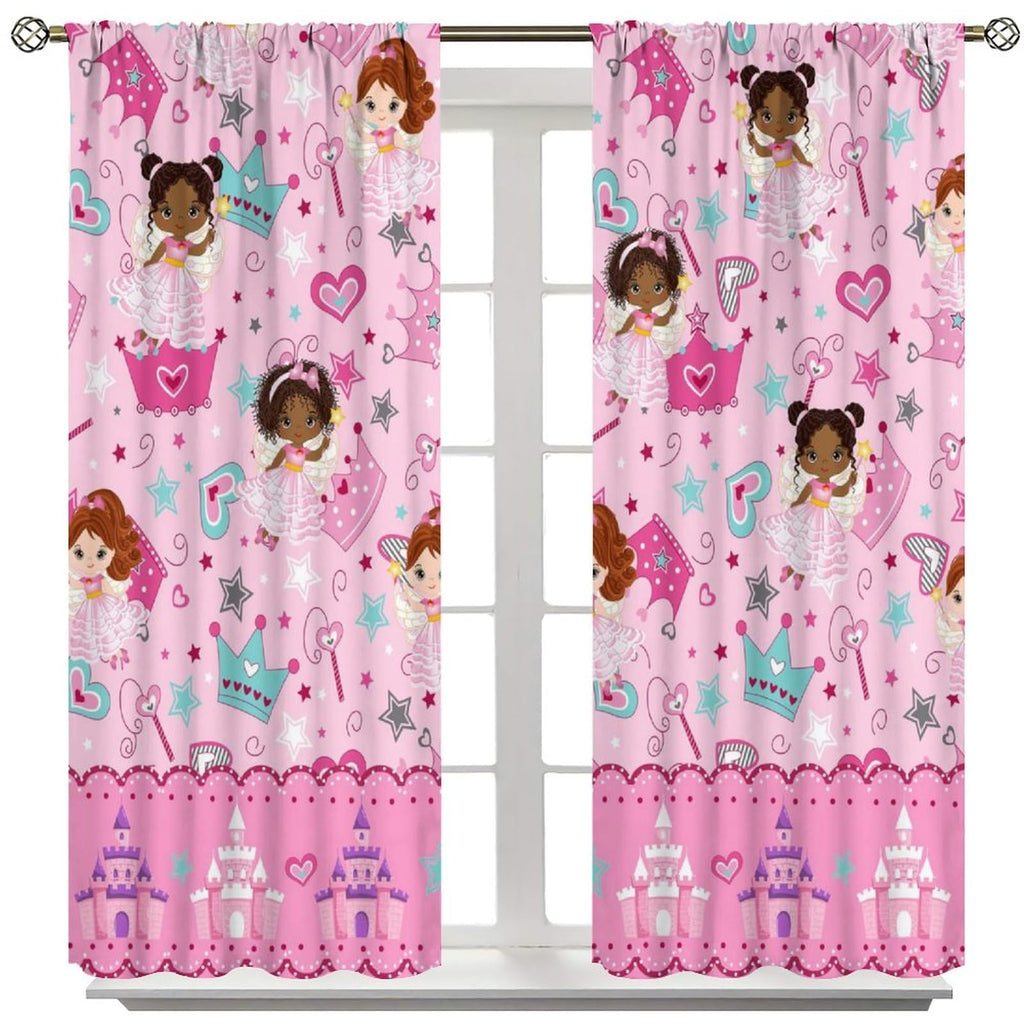 AAVEUP Kids Black Girls Curtains,Cartoon Pink Fantasy Magic Princess Castle Star Love African American Black Girl Window Treatments Drapes for Girls Living Room Bedroom 42x45inпј€No Blackoutпј‰