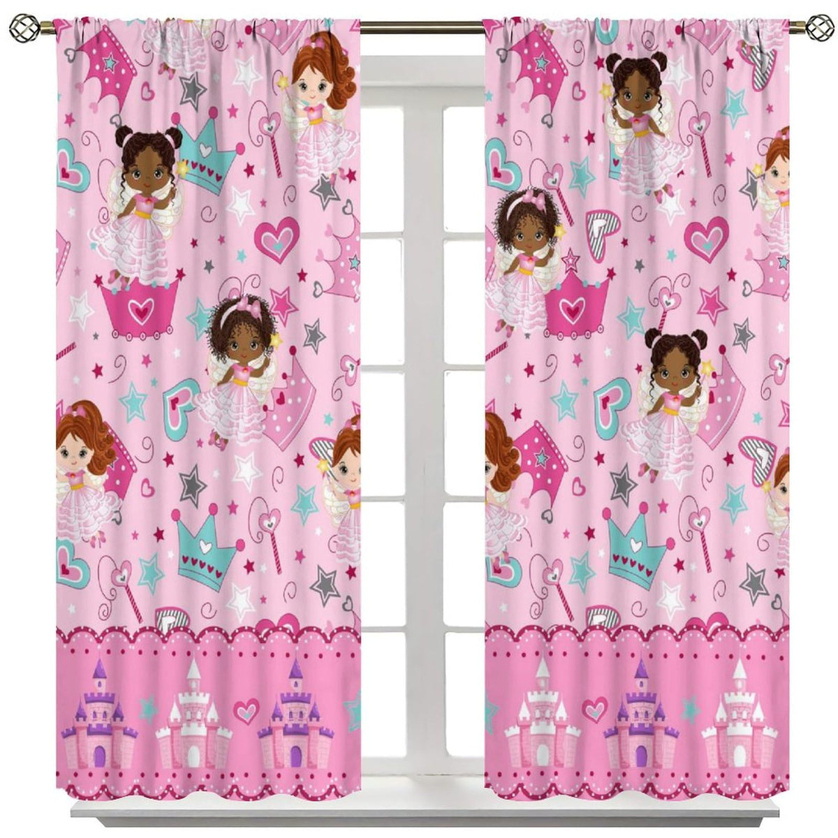 AAVEUP Kids Black Girls Curtains,Cartoon Pink Fantasy Magic Princess Castle Star Love African American Black Girl Window Treatments Drapes for Girls Living Room Bedroom 42x45inпј€No Blackoutпј‰