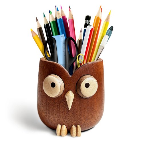 Cute owl pen holder Desk Organizer Decoration Pencil Holder Stand pen holder for desk Magnetic rotating eyes Ebony whole wood carving for office school Home office accessories gifts (dark brown)