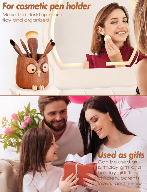 Cute owl pen holder Desk Organizer Decoration Pencil Holder Stand pen holder for desk Magnetic rotating eyes Ebony whole wood carving for office school Home office accessories gifts (dark brown)