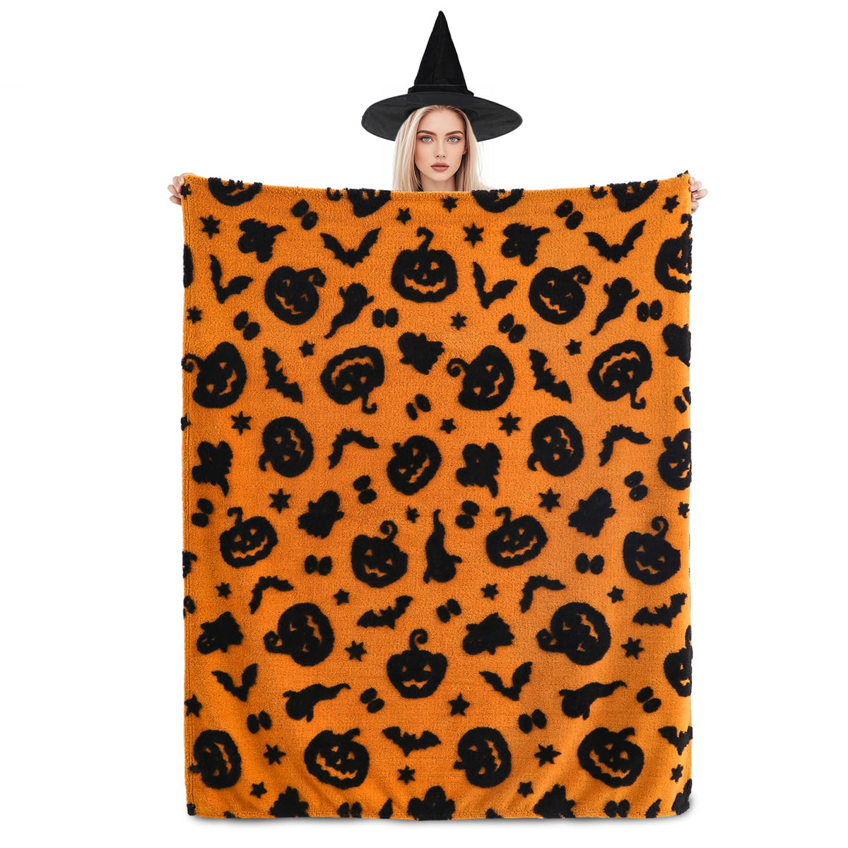 SOCHOW Halloween Jacquard Throw Blanket, Fuzzy Soft Cozy Warm Pumpkin Ghost Fall Decor Holiday Blanket for Couch, Sofa and Bed, 50 x 60 Inches, Orange/Black