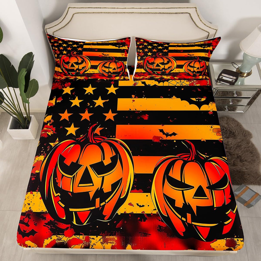 Feelyou American Flag Fitted Sheet Full Size for Kids Boys Girls Halloween Pumpkin Bed Sheets Set 16" Deep Pocket Soft Breathable Microfiber Halloween Decor Bedding with 2 Pillowcases Gothic