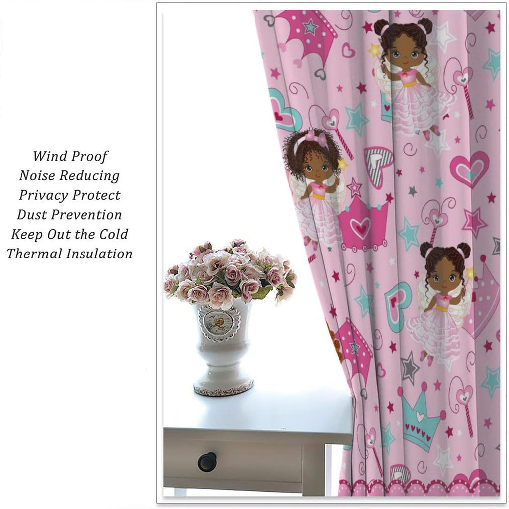 AAVEUP Kids Black Girls Curtains,Cartoon Pink Fantasy Magic Princess Castle Star Love African American Black Girl Window Treatments Drapes for Girls Living Room Bedroom 42x45inпј€No Blackoutпј‰