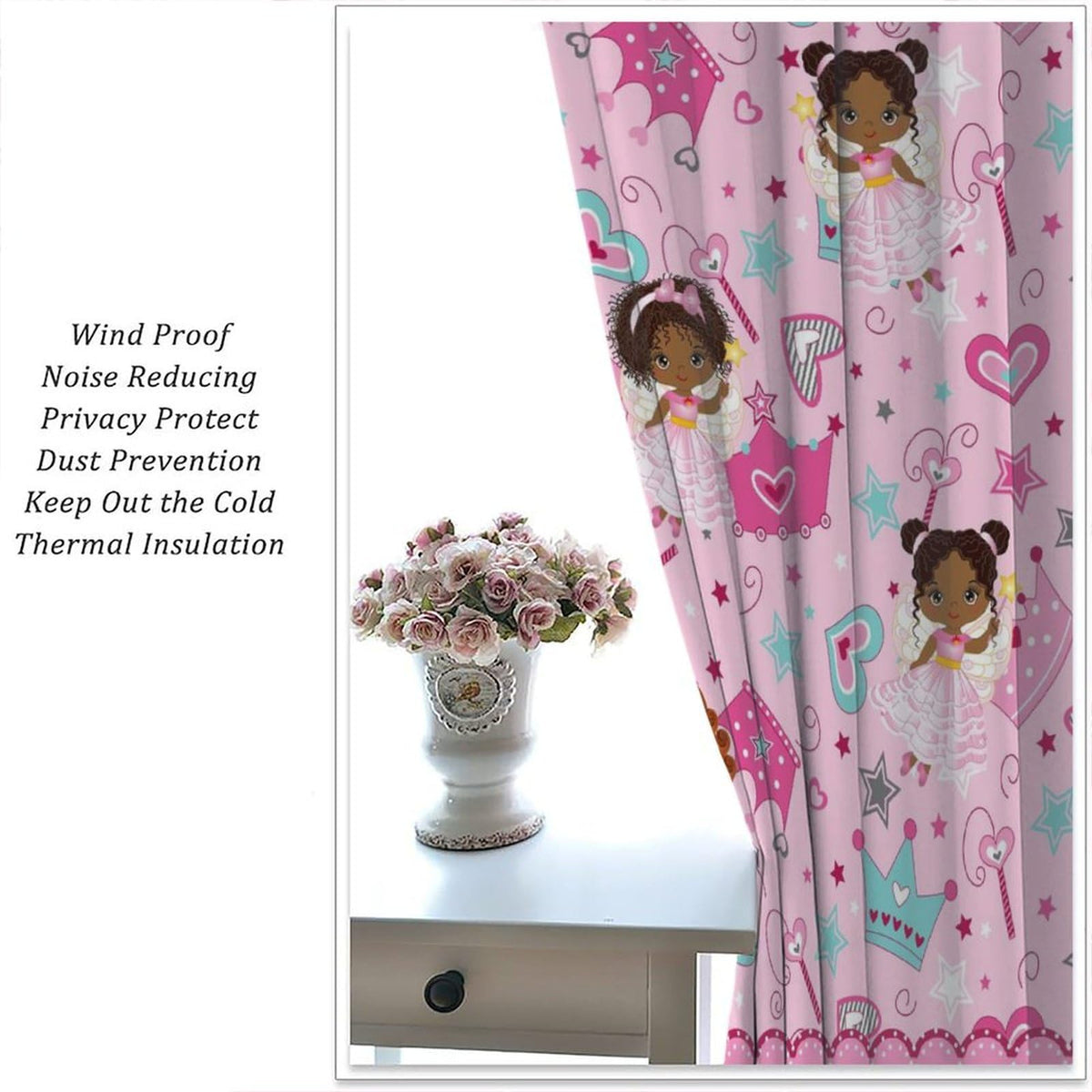 AAVEUP Kids Black Girls Curtains,Cartoon Pink Fantasy Magic Princess Castle Star Love African American Black Girl Window Treatments Drapes for Girls Living Room Bedroom 42x45inпј€No Blackoutпј‰