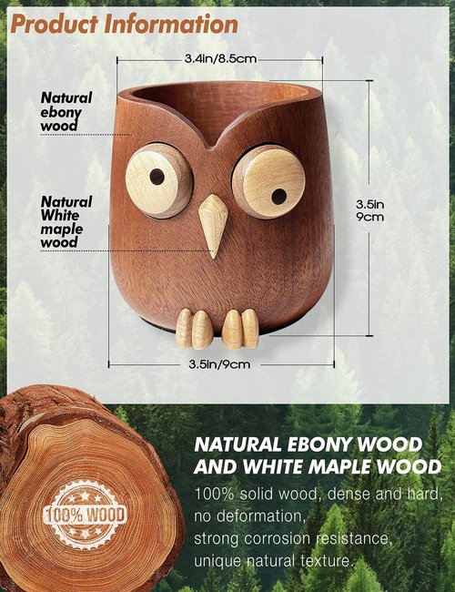 Cute owl pen holder Desk Organizer Decoration Pencil Holder Stand pen holder for desk Magnetic rotating eyes Ebony whole wood carving for office school Home office accessories gifts (dark brown)