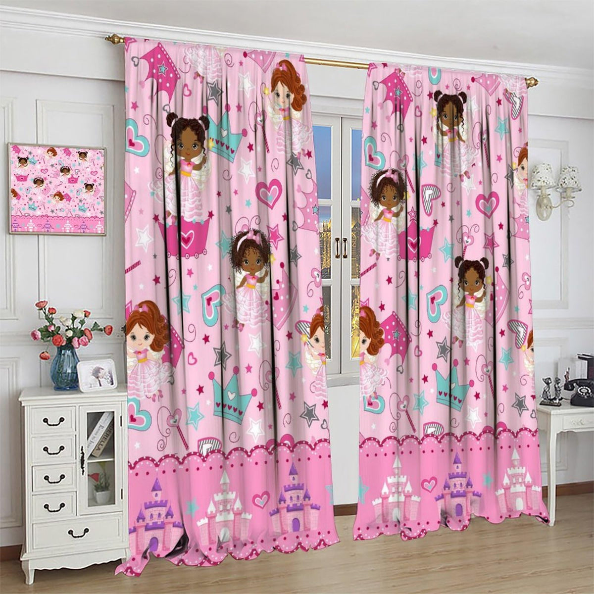 AAVEUP Kids Black Girls Curtains,Cartoon Pink Fantasy Magic Princess Castle Star Love African American Black Girl Window Treatments Drapes for Girls Living Room Bedroom 42x45inпј€No Blackoutпј‰