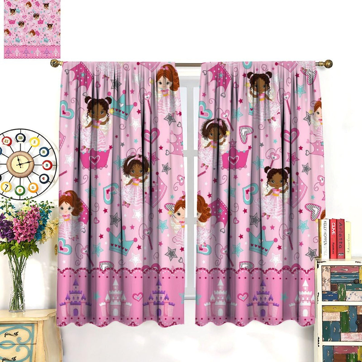 AAVEUP Kids Black Girls Curtains,Cartoon Pink Fantasy Magic Princess Castle Star Love African American Black Girl Window Treatments Drapes for Girls Living Room Bedroom 42x45inпј€No Blackoutпј‰