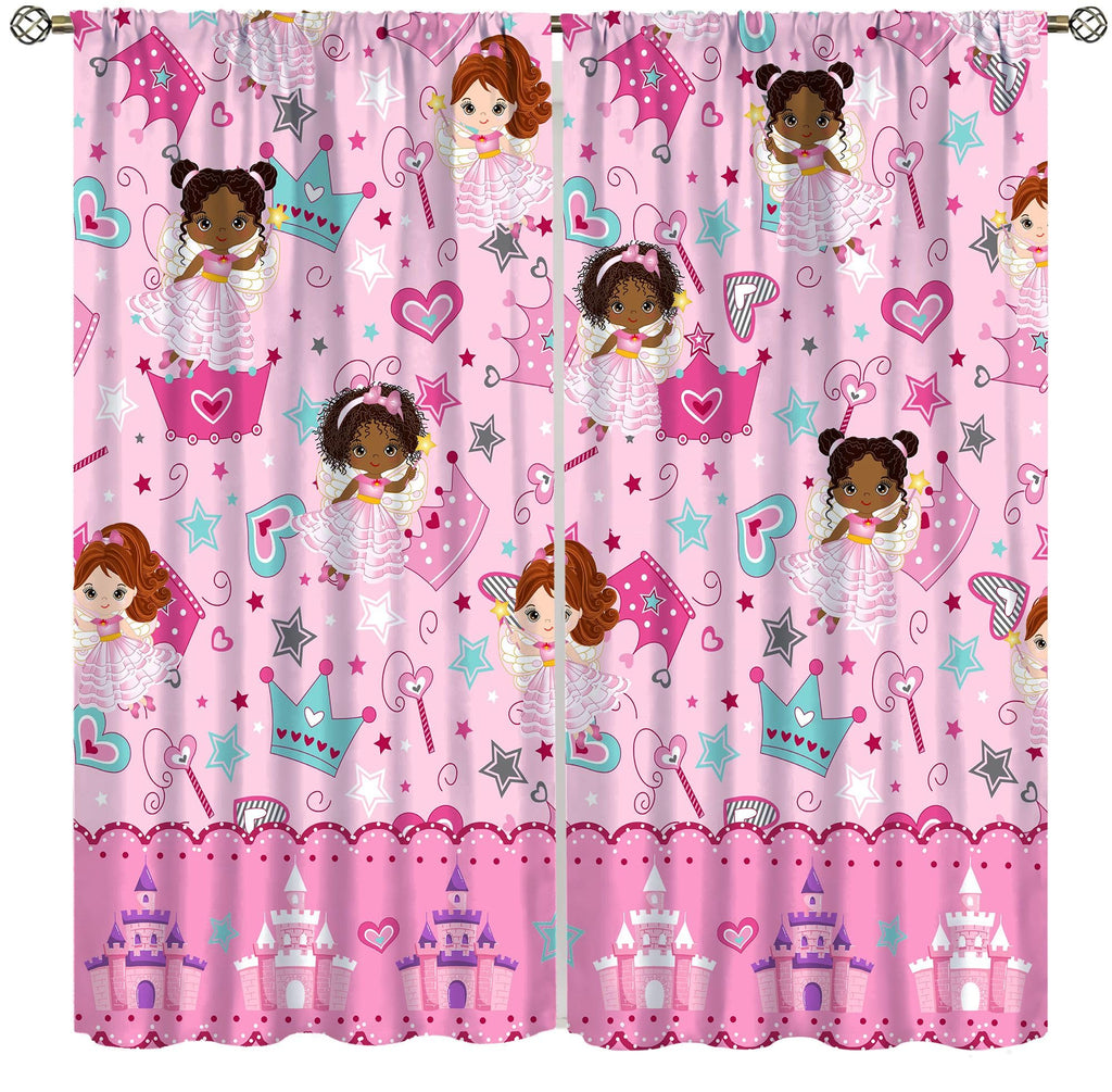AAVEUP Kids Black Girls Curtains,Cartoon Pink Fantasy Magic Princess Castle Star Love African American Black Girl Window Treatments Drapes for Girls Living Room Bedroom 42x45inпј€No Blackoutпј‰