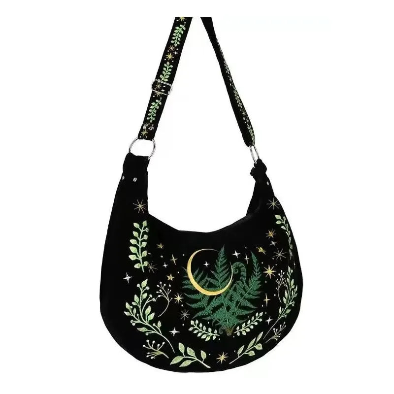 Night Forest Witch Embroidered Shoulder Bag