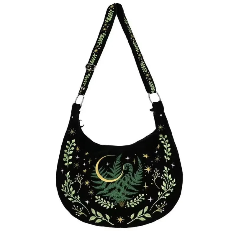 Night Forest Witch Embroidered Shoulder Bag