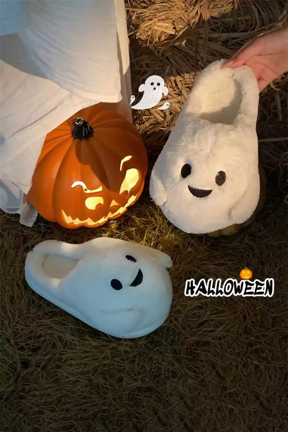 Winter Cute White Halloween Ghost Slippers Aesthetic Warm Plush House Shoes