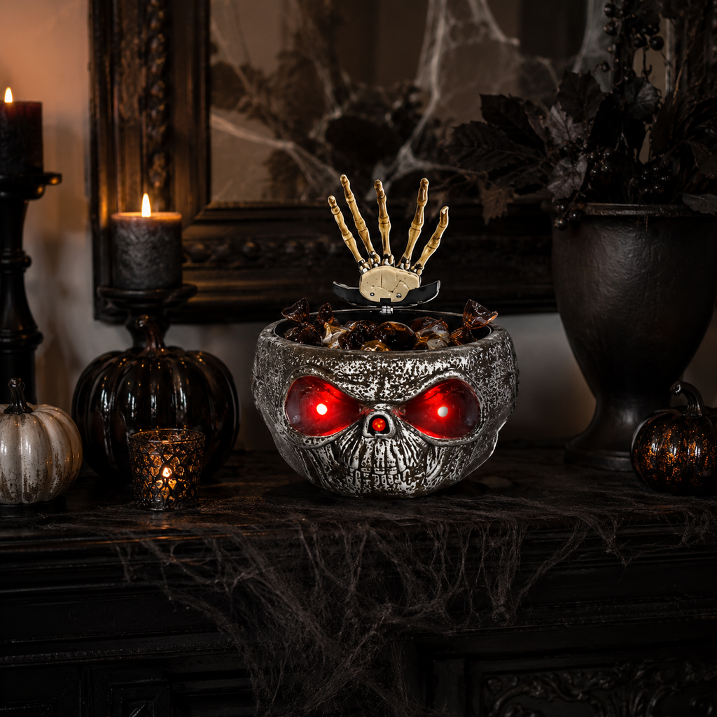 Pumpkin Candy Bowl with Popping Hand, Lights & Sound вЂ“ Halloween Prank Prop