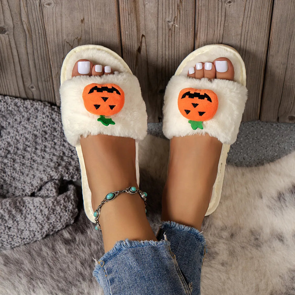 Pumpkin plush slippers indoor home slippers open toe design anti-slip PVC sole synthetic fur warm winter bedroom slippers for women available in white and yellow colour multi-size cartoon Halloween cute