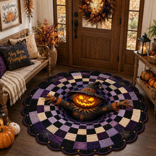 3D Pumpkin Scarecrow Halloween Rug, Round Spooky Area Rug, Purple Black Optical Illusion Floor Mat, Haunted House Decor