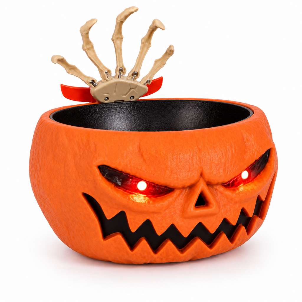 Pumpkin Candy Bowl with Popping Hand, Lights & Sound вЂ“ Halloween Prank Prop