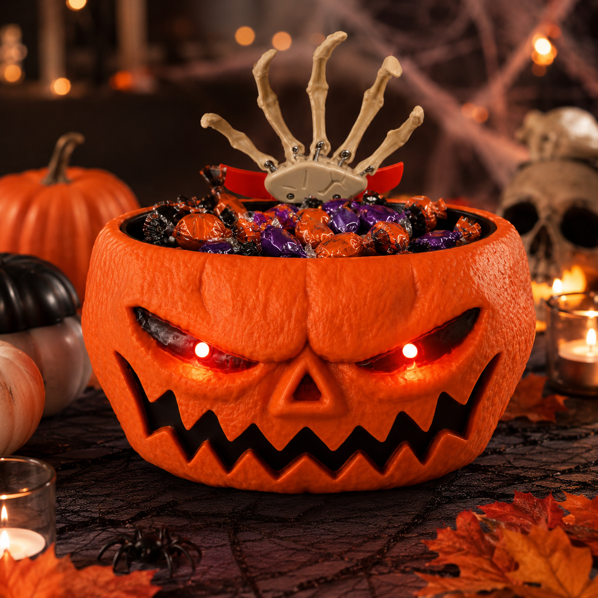 Pumpkin Candy Bowl with Popping Hand, Lights & Sound вЂ“ Halloween Prank Prop