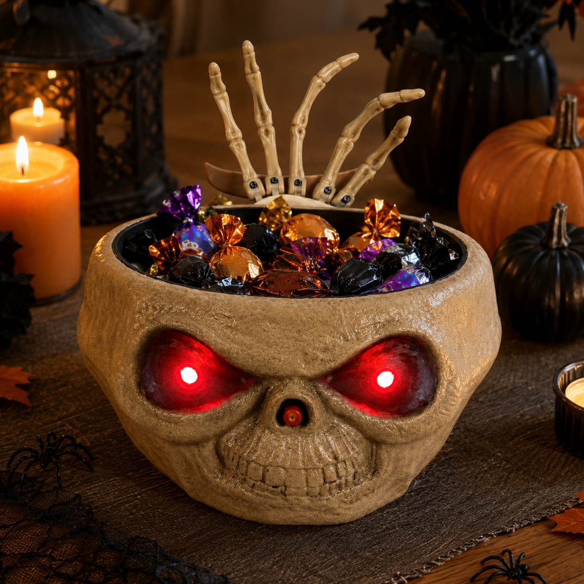 Pumpkin Candy Bowl with Popping Hand, Lights & Sound вЂ“ Halloween Prank Prop